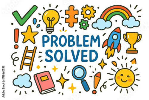 Playful Problem Solving Icons. Colorful Hand-drawn doodle Children illustration Problem Solved [checkmark, light bulb, puzzle