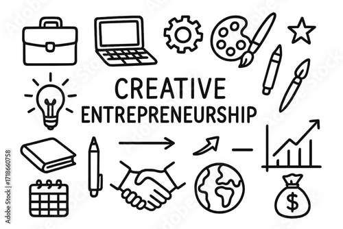 Creative Entrepreneurship Icons. Hand-drawn doodle illustration Creative entrepreneurship [briefcase, laptop, gear, palette, paintbrush, pen, book, light bulb,
