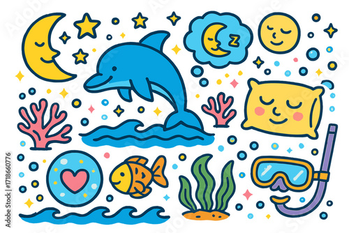 Dolphin Dreamscape. Colorful Hand-drawn doodle Children illustration Dolphin dreams dolphin, moon, stars, waves, coral, underwater heart, smiling fish, sea