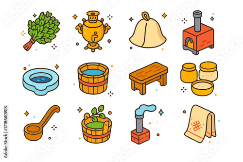 Russian Banya Icons. Colorful isometric vector icons set of Russian banya experience: birch venik, samovar teapot, felt sauna cap, wood-fired stove, ice hole