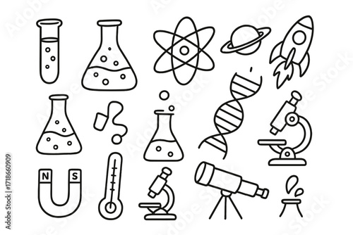 Science Doodle Icons. Science. Hand-drawn doodle illustration test tube, flask, beaker, atom, DNA strand, planet, rocket, microscope, magnet, thermometer,