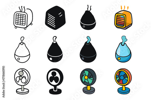 Portable Comfort Icons. Icon Set of Portable Comfort Appliances: Space heater, Humidifier, Portable fan. Icons set in vector style, emblematic variations.