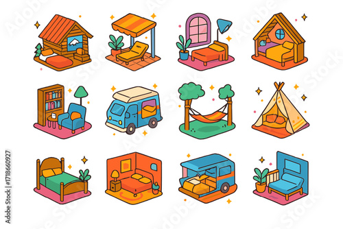 Peaceful Nap Icons. Colorful isometric vector icons set of Peaceful nap environments: mountain cabin bedroom, sunny terrace with shade, quiet urban loft,