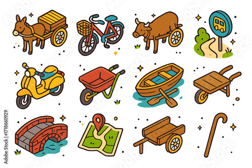 Village Transport Icons. Colorful isometric vector icons set of Village Transportation: donkey cart, bicycle with basket, ox cart, narrow path, motor scooter,