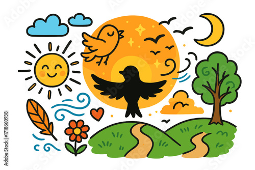 Sunset Bird Doodles. Colorful Hand-drawn doodle Children illustration Birds at Sunset bird silhouette, orange sky, feather, tree, hill, cloud, wing, glow
