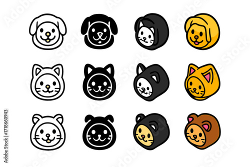 Pet Costume Icons. Icon Set of Pet costumes: puppy costume, kitten costume, hamster costume. Icons set in vector style, emblematic variations. Puppy costume