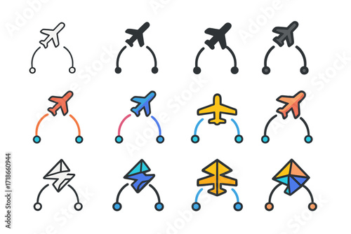 Migration Routes Logos. Set Logo of Migration Routes: Air migration dotted path. Logo set in vector style, emblematic variations. line, bold thick line, solid