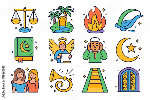 Islamic Afterlife Icons. Colorful isometric vector icons set of Islamic views on the afterlife: scales of deeds, Jannah garden, Jahannam flame, soul bridge,