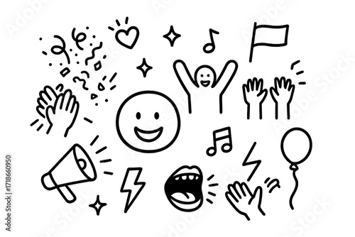 Celebratory Doodle Icons. Hand-drawn doodle illustration Audience excitement [smiley face, clapping hands, cheering figure, confetti, star, heart, sparkle,