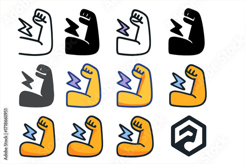 Muscle Cramp Logo Grid. Set Logo of Withdrawal Symptoms: muscle cramps. Logo set in vector style, emblematic variations. line, bold thick line, solid black