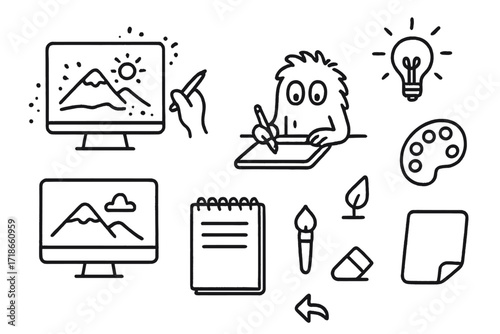 Creative Sketch Tools. Hand-drawn doodle illustration concept art character sketch, landscape, creature, stylus pen, drawing board, sketch lines, paint