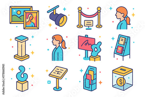 Art Gallery Icons. Colorful isometric vector icons set of art gallery exhibition: framed paintings, spotlight, info plaque, velvet rope, art pedestal, gallery