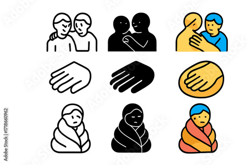 Emotional Comfort Icons. Icon Set of Emotional Comfort: Listening friend, Hand on shoulder, Warm blanket. Icons set in vector style, emblematic variations.