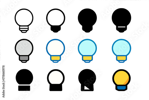 Logo Design Variations. Set Logo of Vanity Light Bulb: Single round frosted bulb. Logo set in vector style, emblematic variations. line, bold thick line, solid