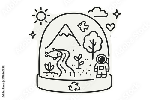 Artificial Biosphere Doodle. Hand-drawn doodle illustration Artificial biosphere [dome, mountain, river, tree, plant, fish, bird, astronaut, sun, star, cloud,