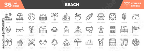 Beach Line Icon Set - Summer, Vacation, Sunset, Coconut Drink Vector Illustration