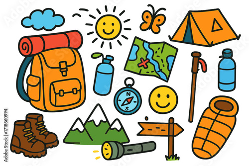 Hiking Adventure Icons. Colorful Hand-drawn doodle Children illustration Backpacking backpack, hiking boots, map, compass, water bottle, sun, mountain, tent,