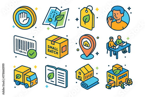 Ethical Supply Chain Icons. Colorful isometric vector icons set of Ethical supply chains: fair trade badge, shipping map with eco route, ethical fashion label,