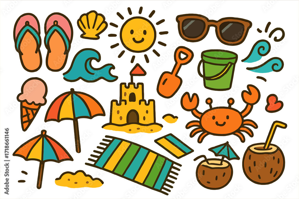 Fototapeta premium Beach Day Doodles. Colorful Hand-drawn doodle Children illustration Beach Day with Sandals flip flops, seashell, wave, sandcastle,