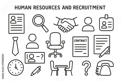 HR Doodle Icons. Hand-drawn doodle illustration Human resources and recruitment [resume, magnifying glass, handshake, tie, person