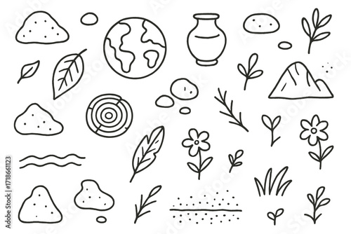 Earth Tones Doodle Design. Hand-drawn doodle illustration Earth tones pattern design [rock, sand, clay pot, pebble, tree bark, dry leaf, earth mound, twig,