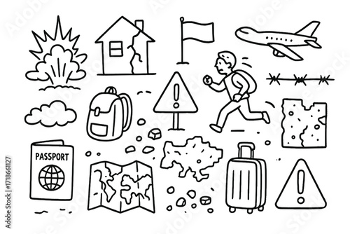 War and Displacement Icons. Hand-drawn doodle illustration [war and displacement] [explosion, house crack, person running, backpack, passport, plane, barbed