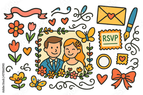 Wedding Stationery Doodles. Colorful Hand-drawn doodle Children illustration Custom wedding stationery ribbon, flowers, pen,
