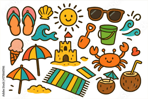 Beach Day Doodles. Colorful Hand-drawn doodle Children illustration Beach Day with Sandals flip flops, seashell, wave, sandcastle,