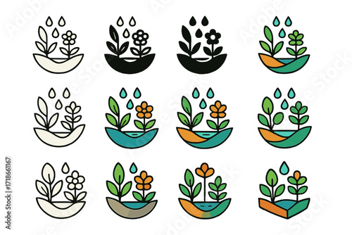 Urban Green Logo Variations. Set Logo of Urban Green Spaces: Rain Garden with Native Plants. Logo set in vector style, emblematic variations. line, bold thick