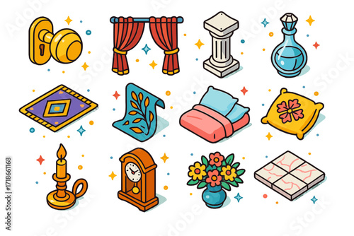 Luxury Decor Icons. Colorful isometric vector icons set of luxury estate accessories and decor: golden doorknob, velvet curtains, sculpture pedestal, crystal