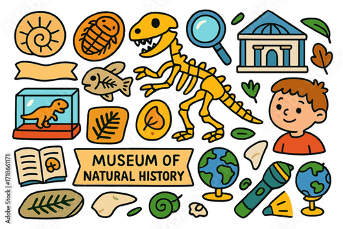 Children's Museum Adventure. Colorful Hand-drawn doodle Children illustration Museum of natural history [dinosaur skeleton, fossil shell, trilobite, fish