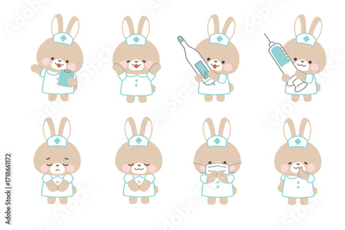 茶色ウサギの看護師　ポーズセット1　主線なし