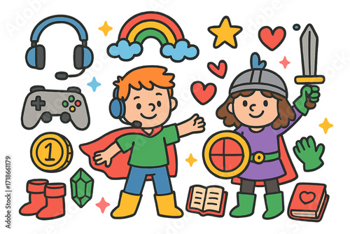 Playful Gaming Adventure. Colorful Hand-drawn doodle Children illustration Video Game Duo Cosplay controller, headset, cape, sword, shield, heart, sparkles,
