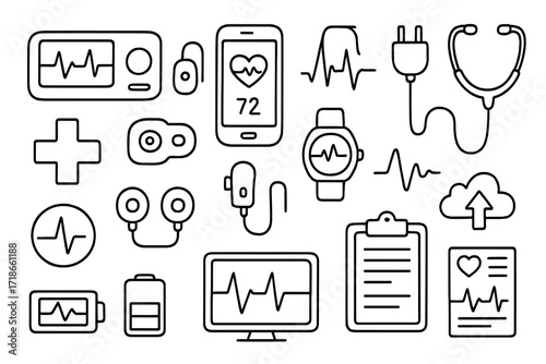 Portable ECG Device Icons. Hand-drawn doodle illustration portable ECG devices handheld ECG machine, patch sensor, heart rate