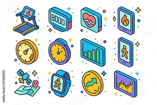 Isometric Fitness Icons. Colorful isometric vector icons set of treadmill run tracking: digital display, step counter, heart rate monitor, calorie tracker,
