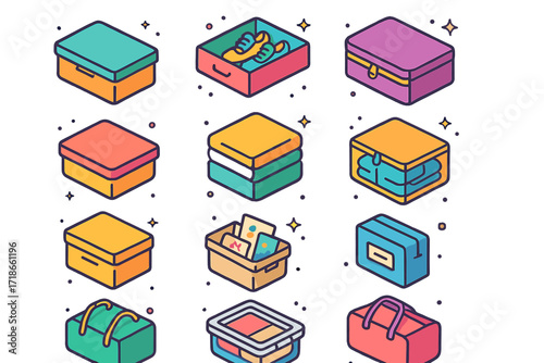 Isometric Storage Icons. Colorful isometric vector icons set of under-bed closet storage: flat storage box, roll-out shoe drawer, fabric zip bag, low-profile