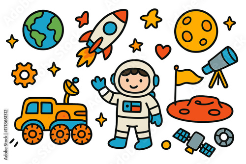 Children's Space Doodle. Exploration mission. Colorful Hand-drawn doodle Children illustration moon rover, astronaut, planet, rocket, flag, gear, telescope,