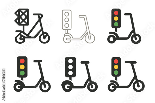 Electric Scooter Logos. Using an electric scooter to commute in the city. Set Logo of Using an electric scooter to commute in the city: scooter near traffic
