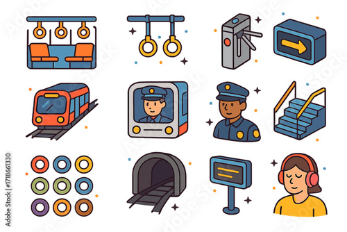 Subway Vector Icons. Colorful isometric vector icons set of Riding the subway: subway car interior, standing handrails, turnstile gate, arriving train, train