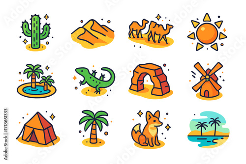 Desert Icon Set. Colorful isometric vector icons set of desert horizons: cactus, sand dunes, caravan of camels, desert sun, oasis, lizard, stone arch, desert