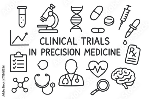 Precision Medicine Icons. Hand-drawn doodle illustration Clinical trials in precision medicine [test tube, microscope, DNA helix, pill, syringe, chart,