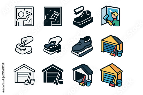 Weekend Chores Icons. Icon Set of Weekend chores: washing windows, polishing shoes, cleaning garage. Icons set in vector style, emblematic variations. Washing