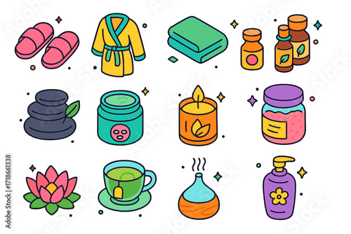 Colorful Spa Icons. Spa essentials. Colorful isometric vector icons set of spa essentials: spa slippers, bathrobe, towel, essential oils, massage stone set,
