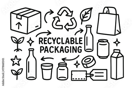 Recyclable Packaging Doodles. Hand-drawn doodle illustration Recyclable packaging [cardboard box, recycling symbol, arrows, leaf, glass bottle, aluminum can,