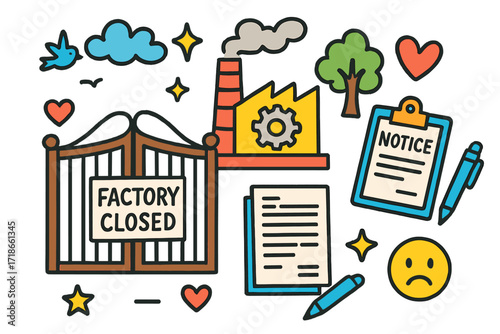 Factory Closure Illustration. Colorful Hand-drawn doodle Children illustration Factory Closure Notice closed gates, paper notice, clipboard, pen, factory wall,