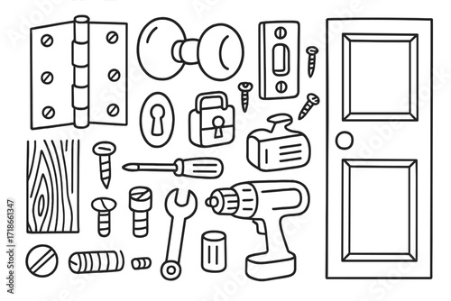 Door Hardware Doodles. Hand-drawn doodle illustration Interior door hardware hinge, doorknob, latch, strike plate, screws, keyhole