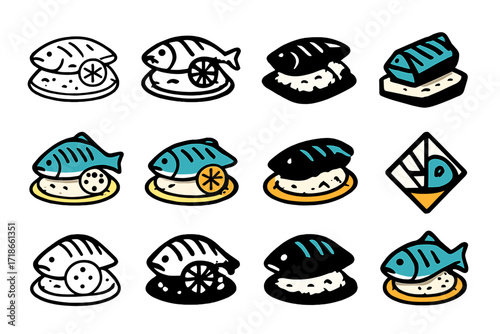 Fish and Rice Logos. Set Logo of Fish and Rice: Grilled Mackerel with Lemon on Rice. Logo set in vector style, emblematic