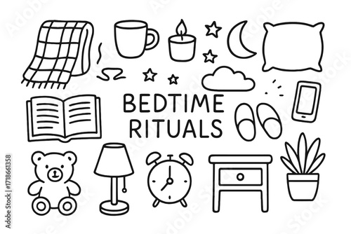 Bedtime Rituals Icons. Hand-drawn doodle illustration bedtime rituals blanket, mug, candle, pillow, book, lamp, slippers, teddy bear, plant, clock, moon,