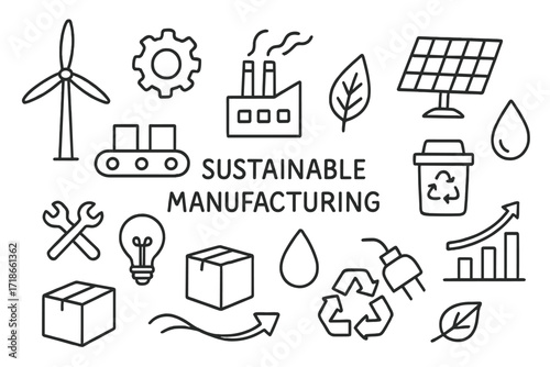 Sustainable Manufacturing Icons. Sustainable manufacturing. Hand-drawn doodle illustration sustainable manufacturing factory,