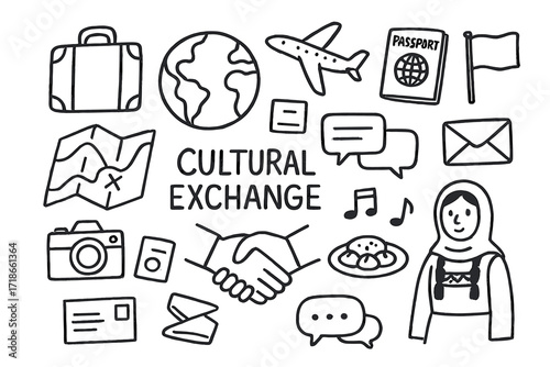 Cultural Exchange Icons. Cultural exchange. Hand-drawn doodle illustration cultural exchange globe, handshake, suitcase, airplane, passport, flag, letter,